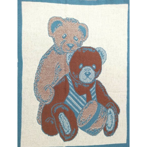 Tapestry Throw Blanket Vintage Teddy Bears Hearts MWW 1992 48" x 71" Fringe Blue - Picture 8 of 11